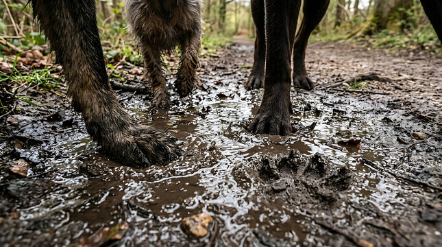 Three dogs' muddy paws sinking into a wet forest trail, capturing playful outdoor exploration and the beauty of nature's textures.