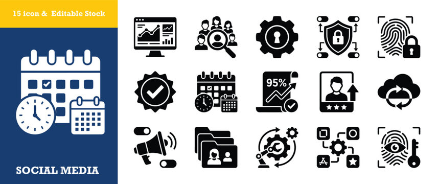 Social media management icons, scheduling analytics and security compliance symbols.