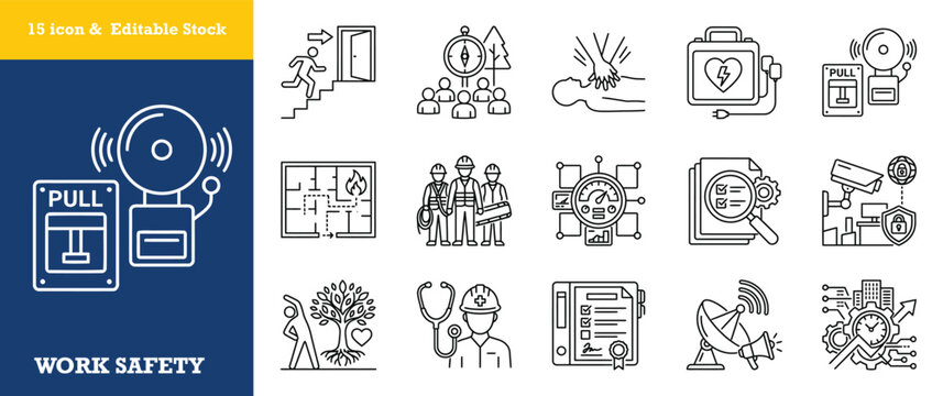 Workplace safety and emergency response icons featuring first aid and evacuation protocols.