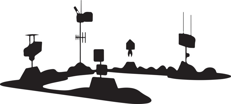 Futuristic research station silhouette on alien planet surface terrain.