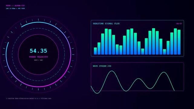 A futuristic digital screen displays a Realtime Trend Visualization with fluctuating cyber charts and circular progress bars dynamically shifting in a loop.