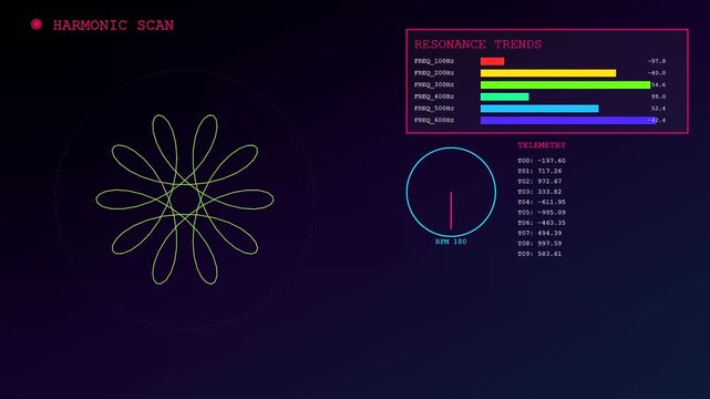 Futuristic interface screens display a realtime trend visualization loop illustrating rotating geometric spirographs alongside complex scientific data telemetry on dark backgrounds