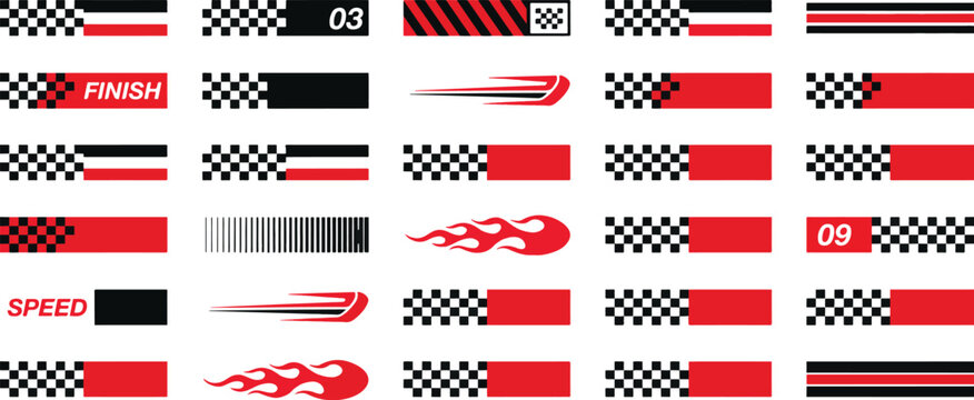 Racing abstract stripe patterns with flames on transparent background.
