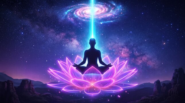 Yoga silhouette meditating on glowing neon lotus under cosmic galaxy background
