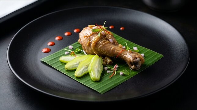 Modern Indonesian Chicken Drumstick Plating With Banana Leaf And Bilimbi