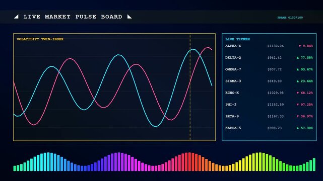 This modern digital financial interface displays a realtime trend visualization featuring fluctuating wave graphs and scrolling stock ticker data on a dark screen.