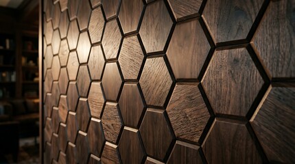 Wall panels made from carved dark wood hexagons create a modern three-dimensional feature in a room. © Satria