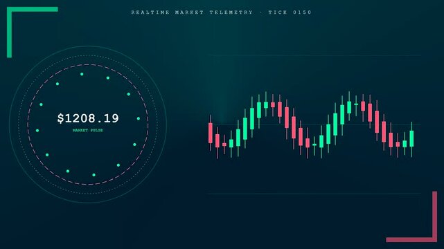 This glowing digital screen displays a realtime trend visualization of stock market data with fluctuating candlestick charts and shifting currency values dynamically updating over time.