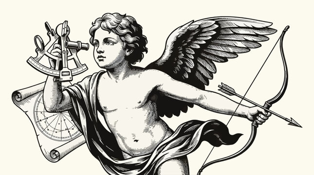 Cupid Navigator with Sextant and Star Chart, Aiming Bow and Arrow, Engraving Style Vector Illustration