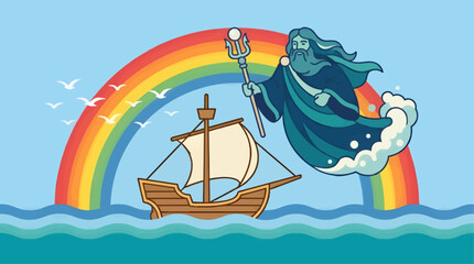 Benevolent Sea Deity Blessing Sailing Ship with Trident and Rainbow, Flat Vector Illustration © sukarna