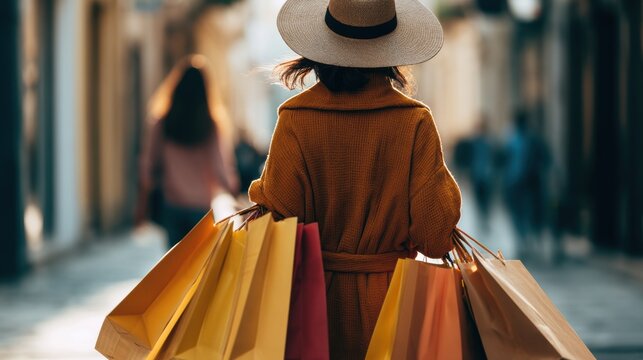 Modern happy Female lifestyle fashion portrait. beautiful attractive young woman girl enjoy stylish walk with shopping bag packages and use smartphone , trendy outfit on shopping mall, browse product