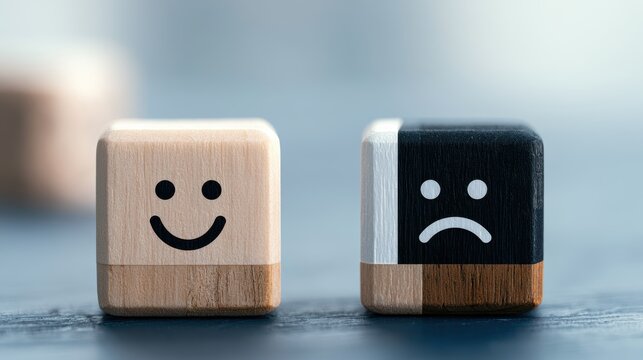 Mental health and emotional state, Smile face in bright side and sad face in dark side on wooden block cube for positive mindset selection, expression, mask, bipolar, generate by AI