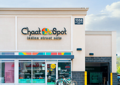 Hamilton, ON, Canada - Jun 29, 2026: Exterior view of Chaat Spot located at Winona Crossing Plaza, is an Indian street food restaurant offering chaat dishes, frankie rolls, biryani bowls, snacks