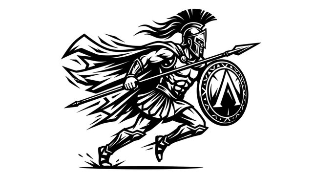 Charging Spartan warrior with spear and round shield.