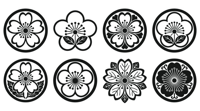 Collection of eight Japanese kamon family crests with cherry and plum blossom designs