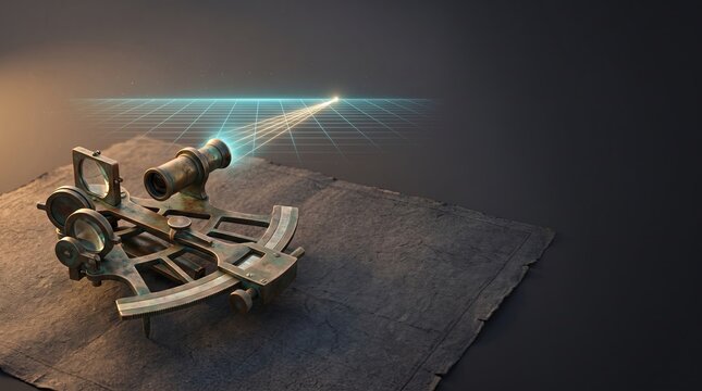 Brass sextant navigating a luminous strategic horizon