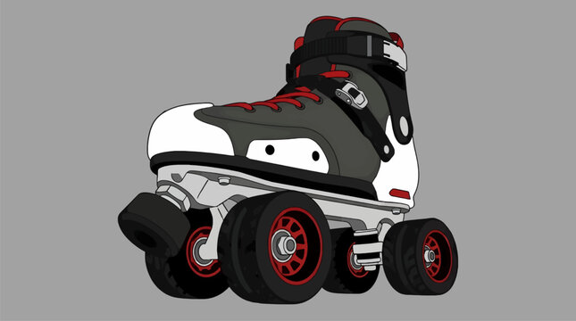 Flat Design Vector Illustration of a Roller Derby Skate with Reinforced Boot and Red Accents, Isolated on Gray Background, Graphic Resource