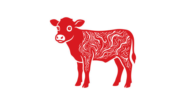 Red cow silhouette with intricate internal decorative patterns.