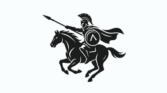Spartan warrior on horseback holding spear and shield.