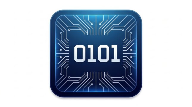 Technology - Binary Code 0101 Circuit Board App Icon with Blue Glowing PCB Trace Pattern Digital Chip Design