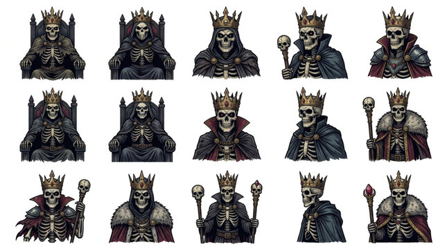 Collection of Skeleton Kings with Crowns and Scepters on White Background.