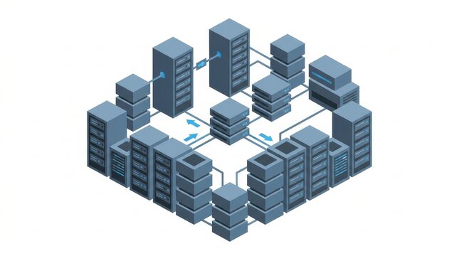 Technology - Isometric Data Center Network Infrastructure with Interconnected Server Racks and Blue Data Flow Arrows