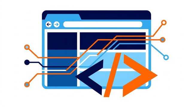 Web Development - Code Editor Browser Interface with HTML Tags Circuit Board Data Flow Orange Blue Design