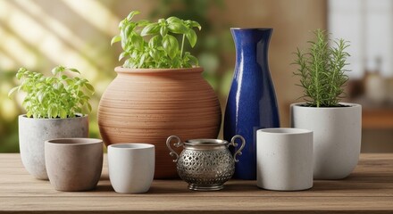 Fototapeta premium Assorted Ceramic Plant Pots on Rustic Wooden Table.