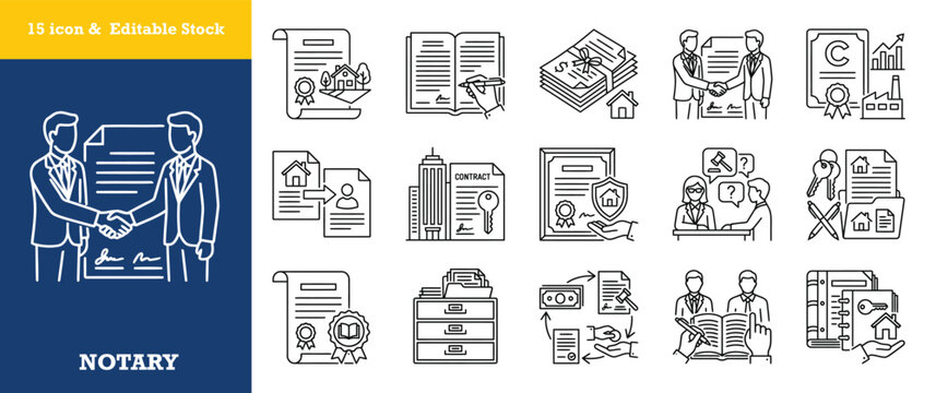 Property and real estate notary services line icon set represents legal aspects of transactions.