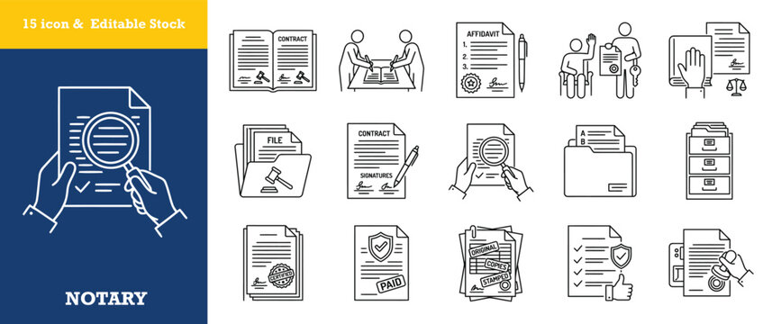 Notary services line icon set for legal document verification and authentication processes.