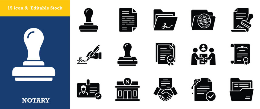 Notary services solid glyph icon set represents legal authentication and document certification.