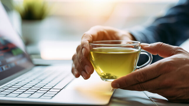 パソコン前で緑茶を飲む手元
