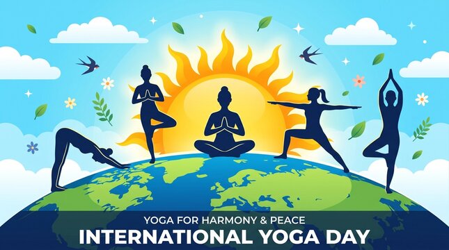 Vector illustration of International Yoga Day Greeting design. People practicing body stretch exercises yoga and world map background.