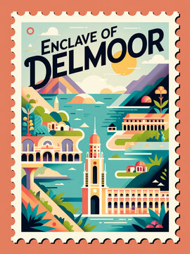 Vintage Postage Stamp Art of Delmoor Enclave Landscape.