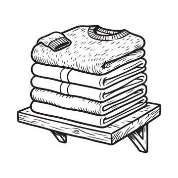 Stack of folded sweaters on a wooden wall shelf