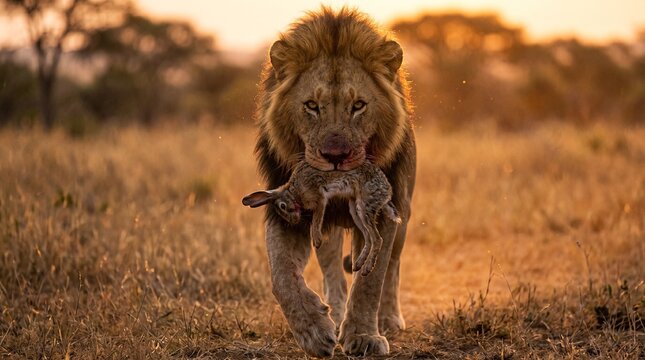 Male lion walking with dead hare prey in mouth on savanna