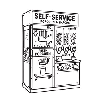 Self service popcorn and snacks machine station