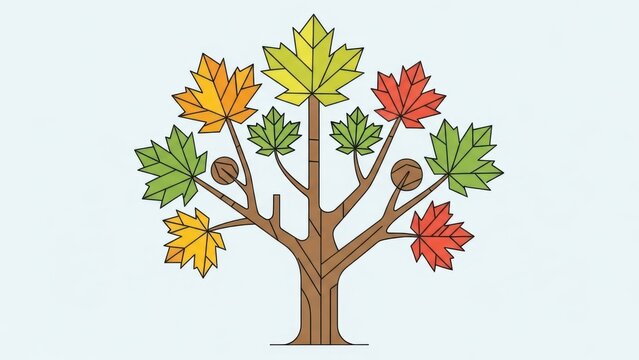 Stylized tree illustration with colorful leaves and minimalist design on a light background