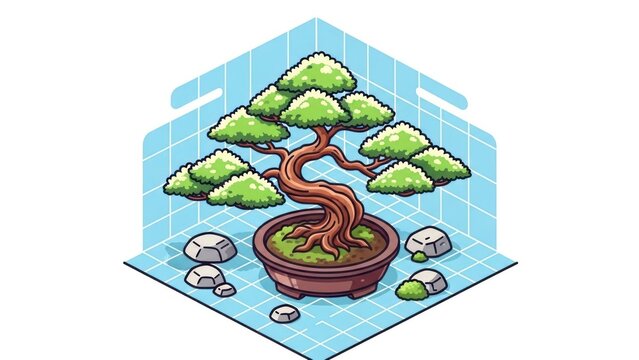 Isometric bonsai tree in pot with stones cartoon style illustration