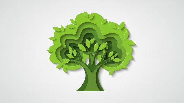 Artistic paper cutout of a green tree against a white background