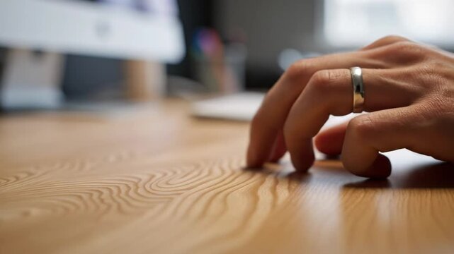 Hand touching wooden surface with glowing biometric fingerprint scan.