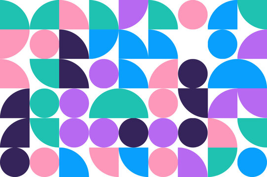 Abstract geometric pattern with colorful circles and semicircles on a white background.