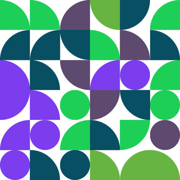 Abstract geometric pattern with colorful circles and semicircles on a white background.