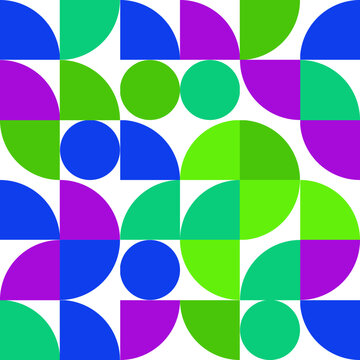 Abstract geometric pattern with colorful circles and semi-circles on a white background.