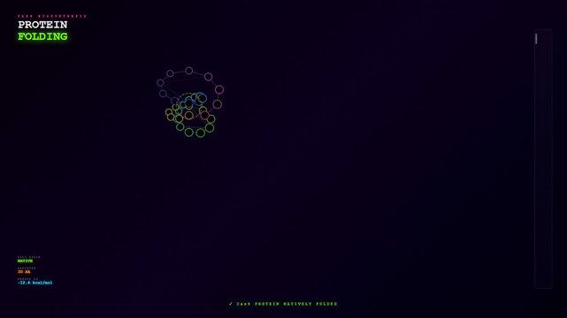A detailed scientific visualization for CRISPR gene therapy illustrates how a polypeptide chain undergoes tertiary folding to reach its final native and functional biological state