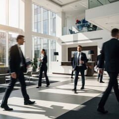 Fototapeta premium Business professionals walking in modern office lobby.