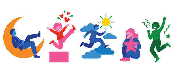 Fototapeta premium Diverse group of people in various moods and poses shown as isolated vector illustrations.