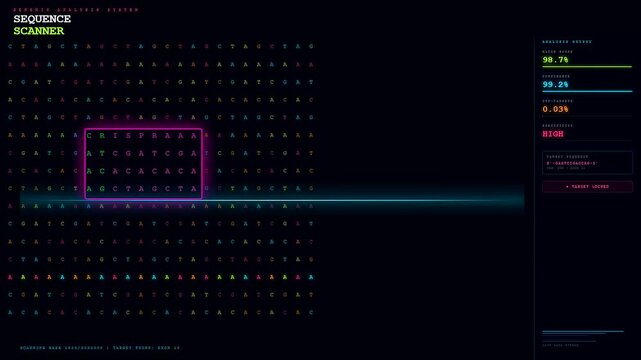A futuristic digital interface performs a CRISPR Gene Therapy scan over a DNA sequence grid while a luminous blue beam detects and locks onto specific genetic targets