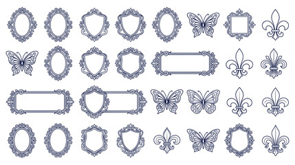 Vintage floral ornament frames and heraldic elements collection in vector line art style. © jubayer71