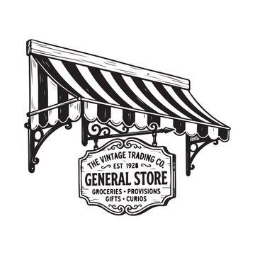 Vintage general store sign with striped awning illustration